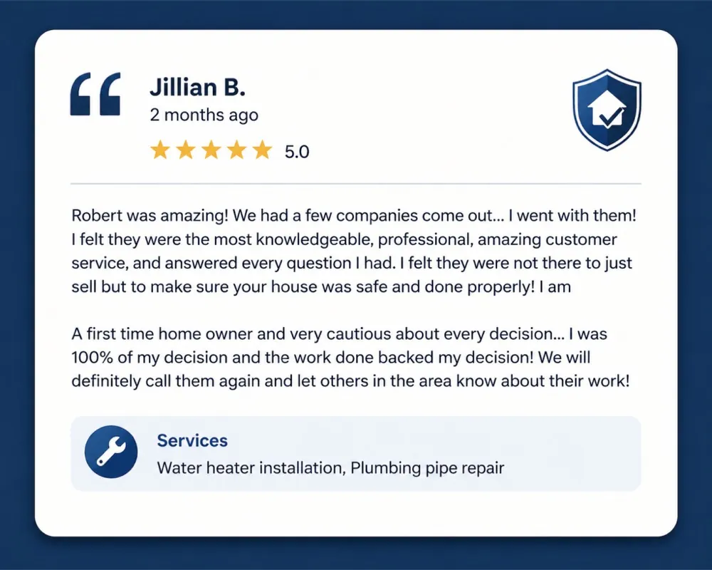 Testimonial for Armor Plumbing in Jasper GA
